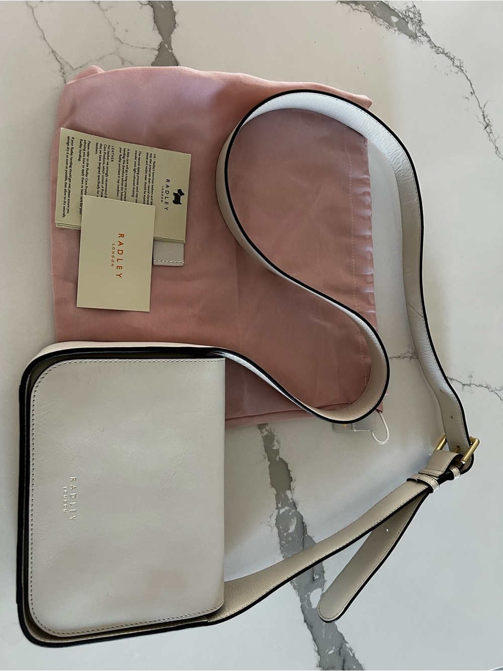 RADLEY LONDON White Leather Crossbody with Pink Dust Bag and Gold Hardware
